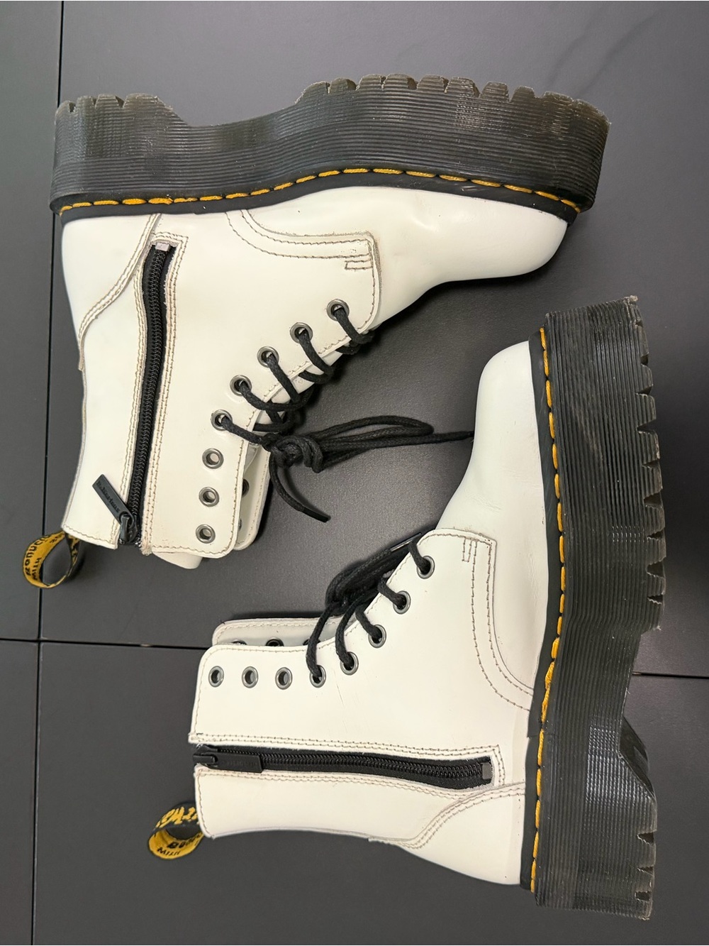 Dr. Martens White Platform Combat Boots with Black Soles and Yellow Stitching